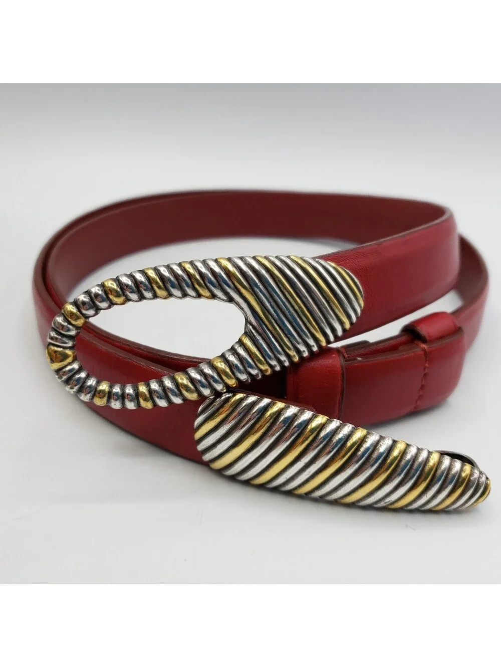 Chico's Red Leather Belt Adjustable M/L # 79984 Silver Gold Buckle